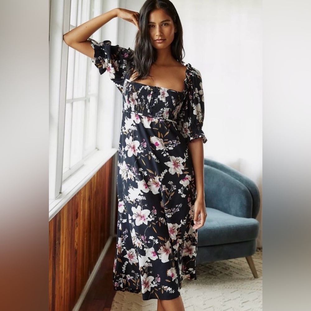 Anthropologie Puff-Sleeve Smocked Floral Midi Dress Size XL
